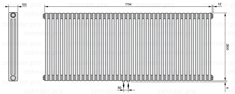 Схема (чертеж) Радиатор Zehnder Charleston 3280/39 №5410 Белый глянцевый RAL 9016